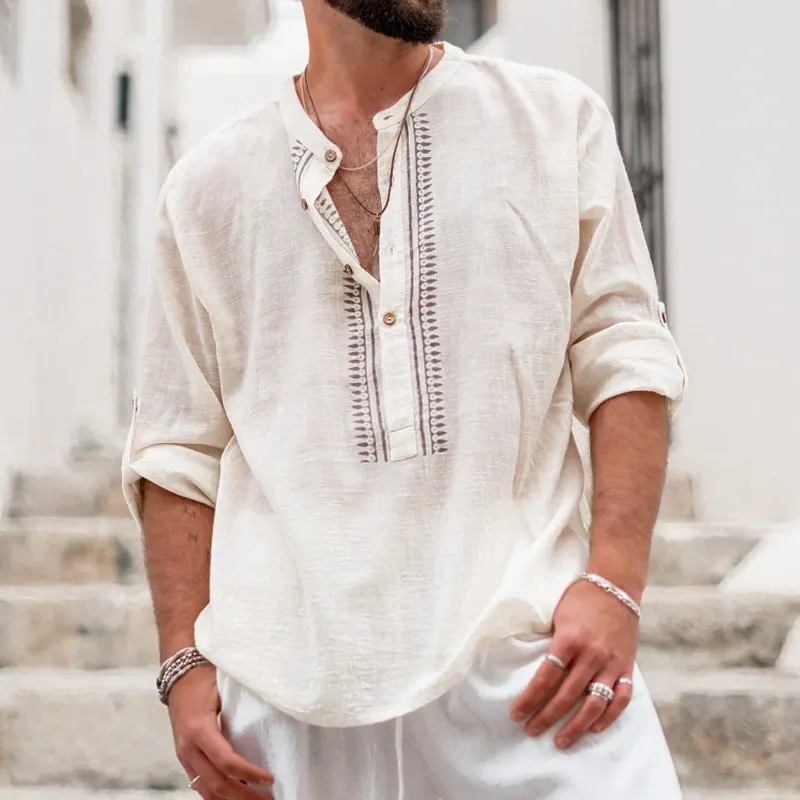 Men's Printed Cotton And Linen Henley Collar Long Sleeve Shirt MTA3131C2Z sold by Manly product image thumbnail 2