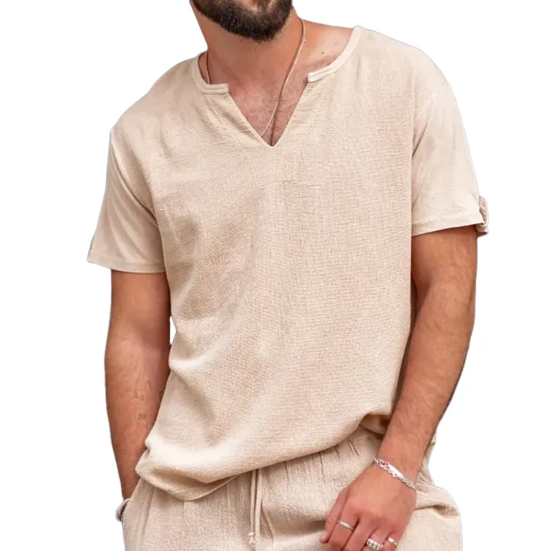 Men's Solid Cotton And Linen V Neck Short Sleeve Shirt MTA3121C5Z sold by Manly