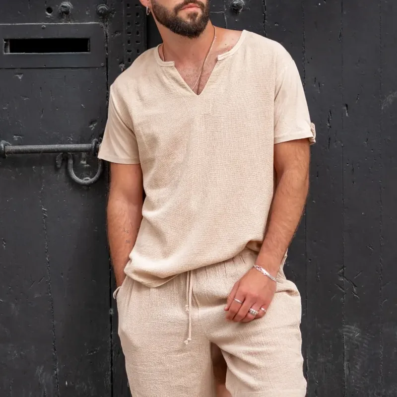 Men's Solid Cotton And Linen V Neck Short Sleeve Shirt MTA3121C5Z sold by Manly product image thumbnail 3