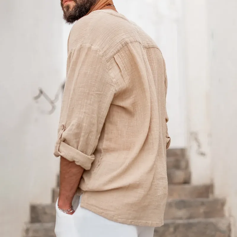 Men's Solid Cotton And Linen Henley Collar Long Sleeve Shirt MTA3103C7Z sold by Manly product image thumbnail 4