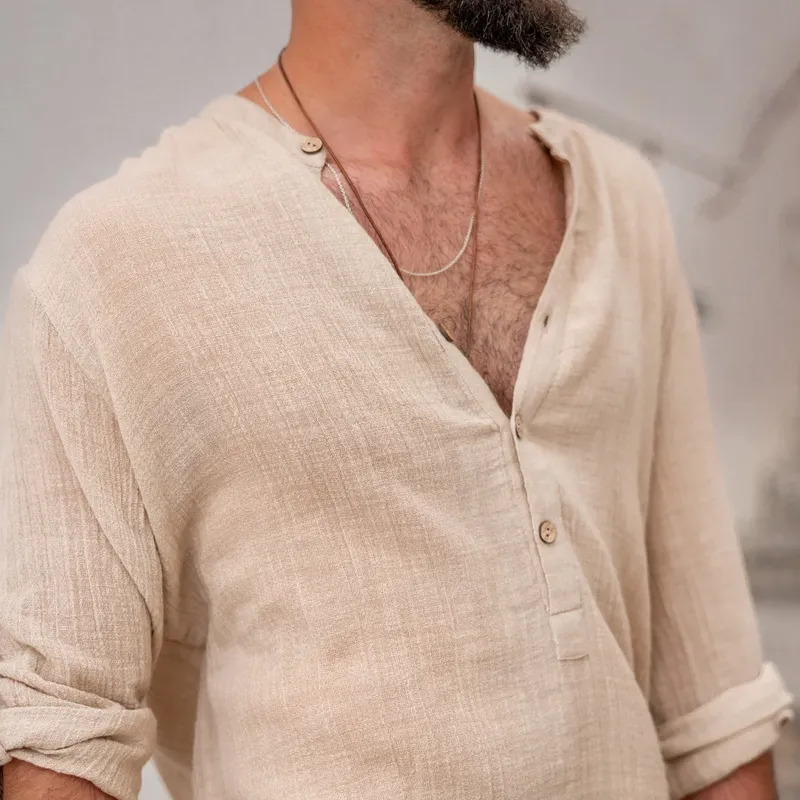 Men's Solid Cotton And Linen Henley Collar Long Sleeve Shirt MTA3103C7Z sold by Manly product image thumbnail 3