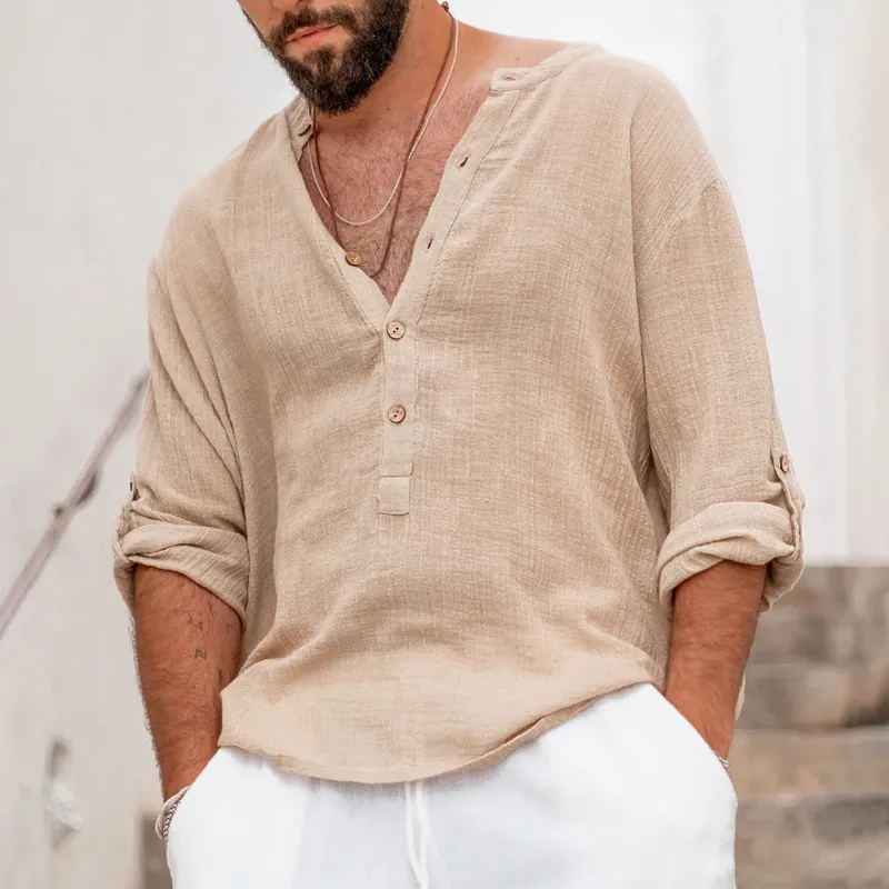 Men's Solid Cotton And Linen Henley Collar Long Sleeve Shirt MTA3103C7Z sold by Manly product image thumbnail 2