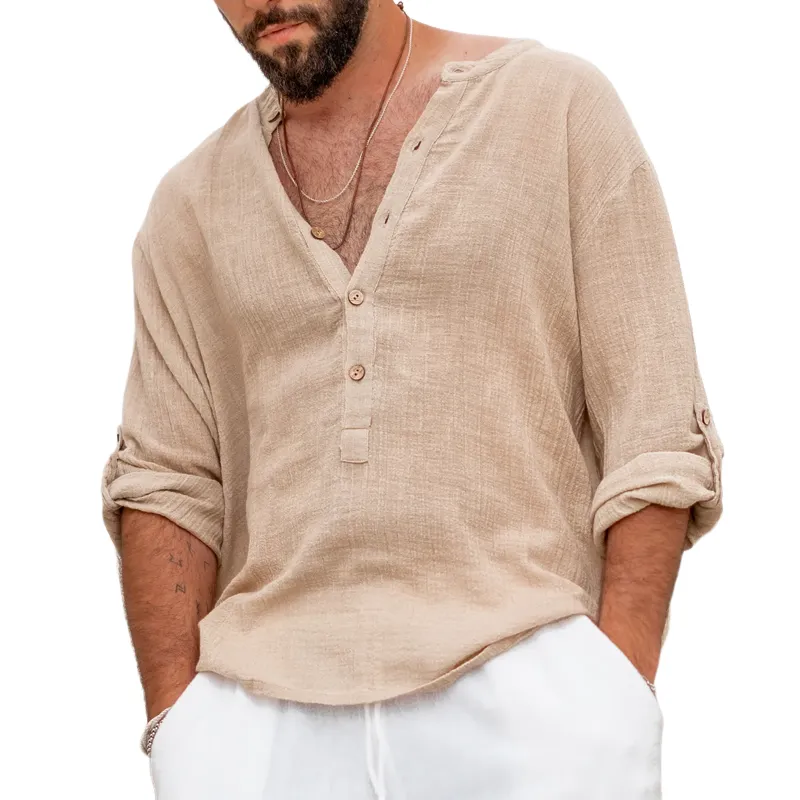 Men's Solid Cotton And Linen Henley Collar Long Sleeve Shirt MTA3103C7Z sold by Manly