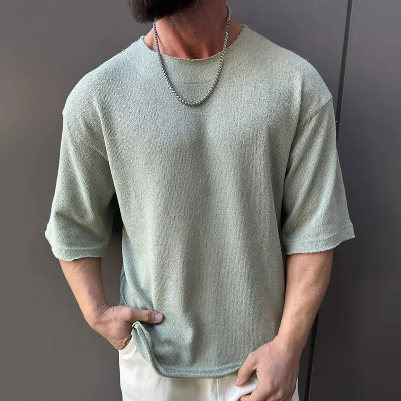 Men's Solid Color Rough Edge Round Neck Short Sleeve T-shirt MTA3191C8Z sold by Manly product image thumbnail 2