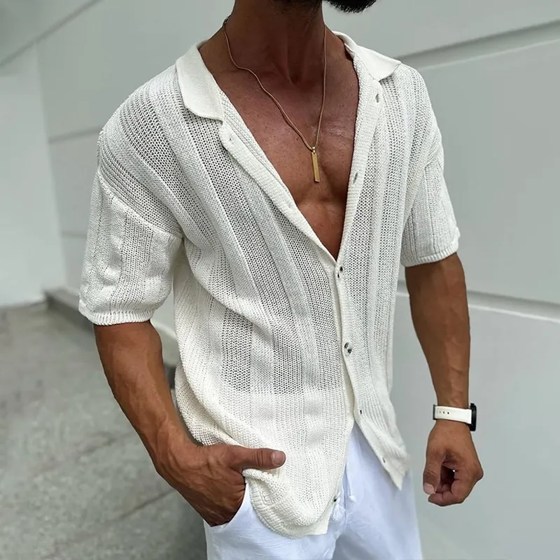 Men's Solid Knit Striped Lapel Single Breasted Short Sleeve Shirt MTA3117C7Z sold by Manly product image thumbnail 3
