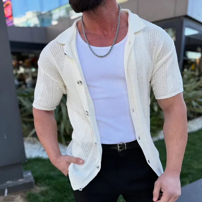 Men's Solid Knit Striped Lapel Single Breasted Short Sleeve Shirt MTA3117C7Z sold by Manly product image thumbnail 2