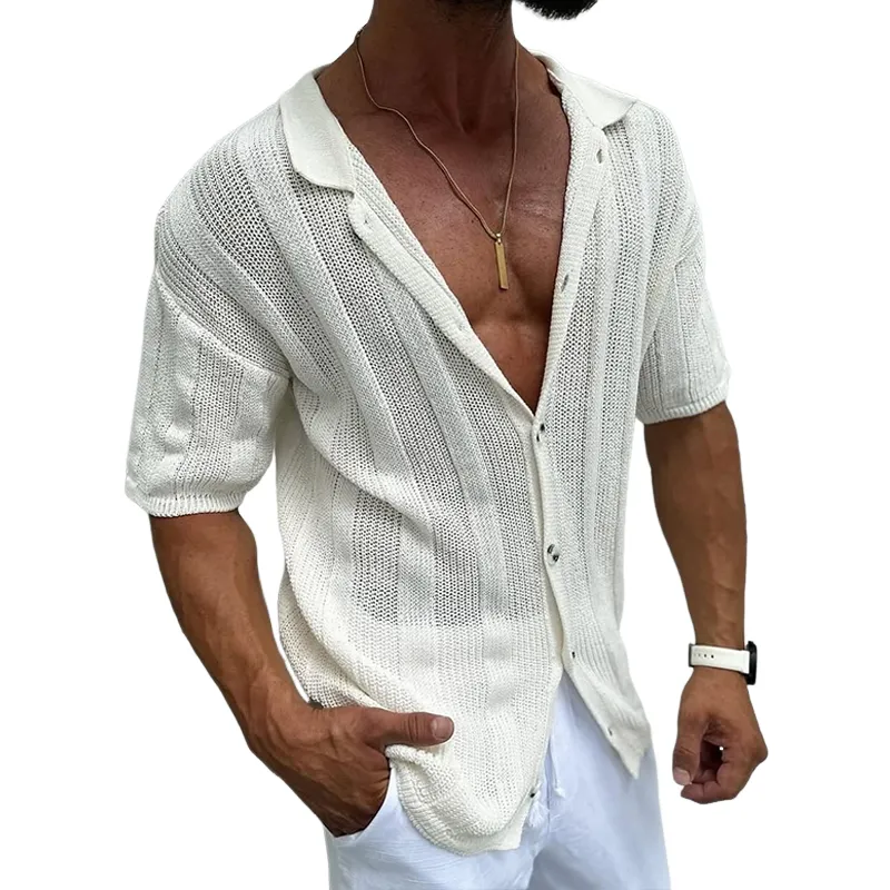 Men's Solid Knit Striped Lapel Single Breasted Short Sleeve Shirt MTA3117C7Z sold by Manly