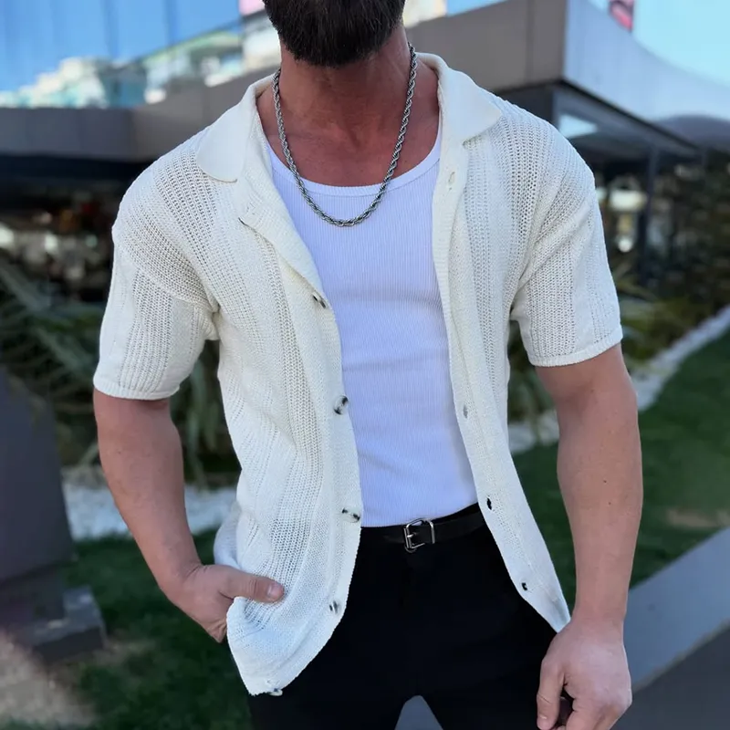 Men's Solid Knit Striped Lapel Single Breasted Short Sleeve Shirt MTA3117C7Z sold by Manly product image thumbnail 4