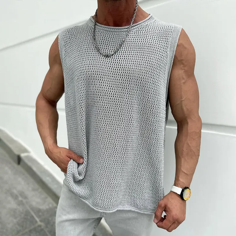 Men's Solid Color Hollow Out Knit Round Neck Sleeveless Tank Top MTA3107C9Z sold by Manly product image thumbnail 2