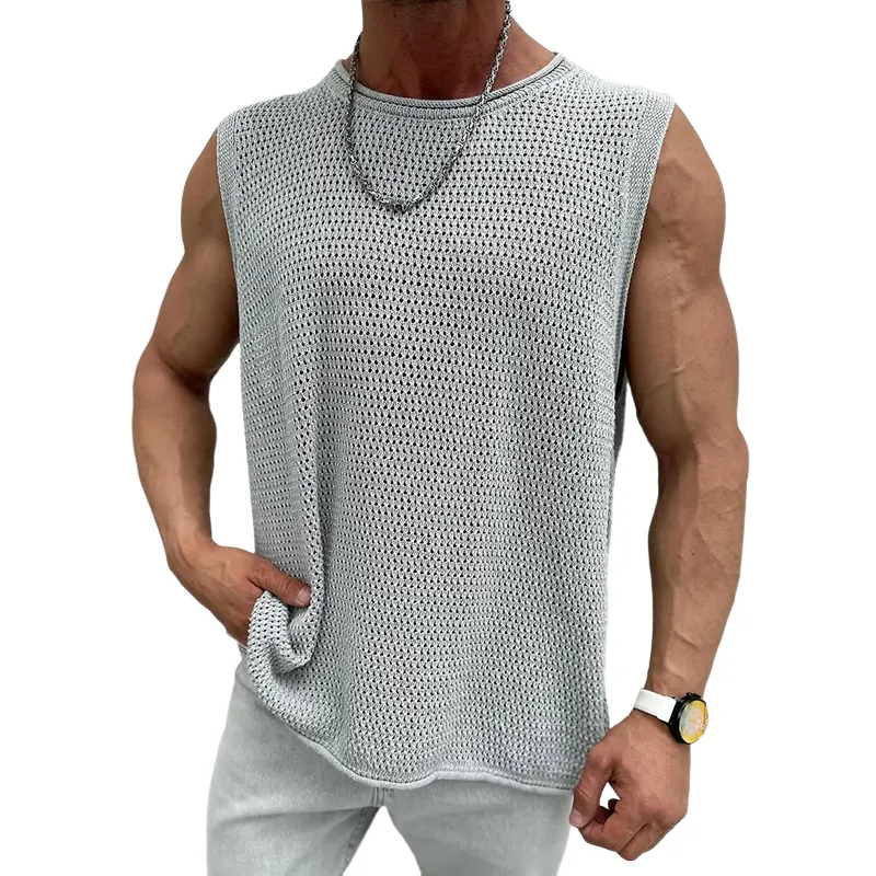 Men's Solid Color Hollow Out Knit Round Neck Sleeveless Tank Top MTA3107C9Z sold by Manly