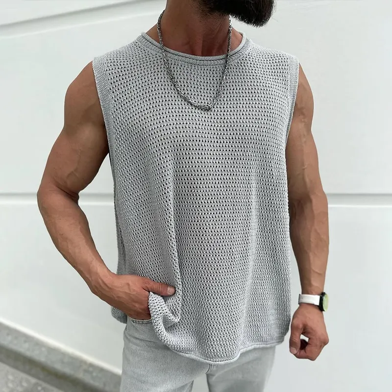 Men's Solid Color Hollow Out Knit Round Neck Sleeveless Tank Top MTA3107C9Z sold by Manly product image thumbnail 3