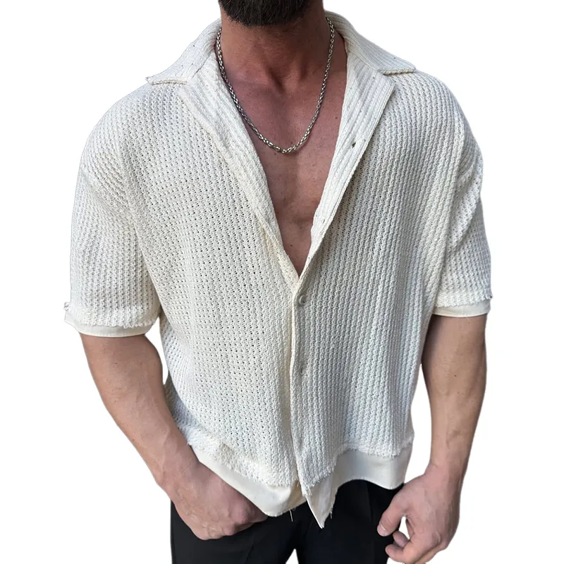 Men's Solid Textured Lapel Single Breasted Short Sleeve Shirt MTA3134C4Z sold by Manly