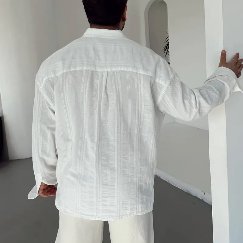 Men's Solid Cotton And Linen Lapel Long Sleeve Shirt MTA3198C3Z sold by Manly product image thumbnail 3