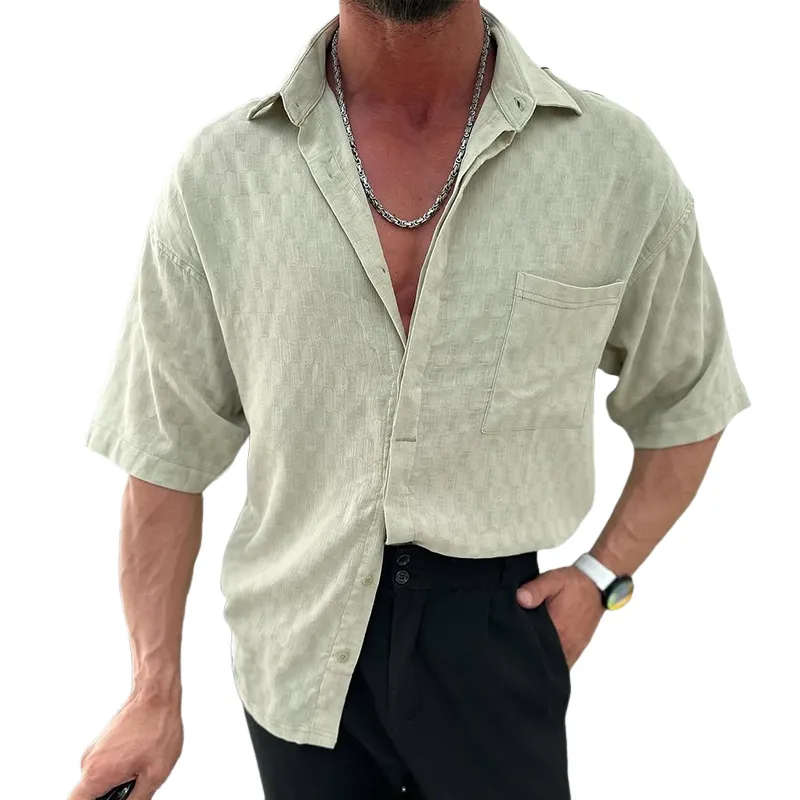 Men's Solid Plaid Lapel Single Breasted Short Sleeve Shirt MTA3118C9Z sold by Manly