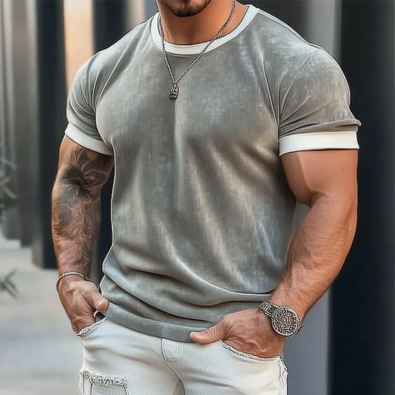 Men's Solid Color Basic Velvet Casual Short Sleeve T-Shirt MTA3123C0U sold by Manly product image thumbnail 2