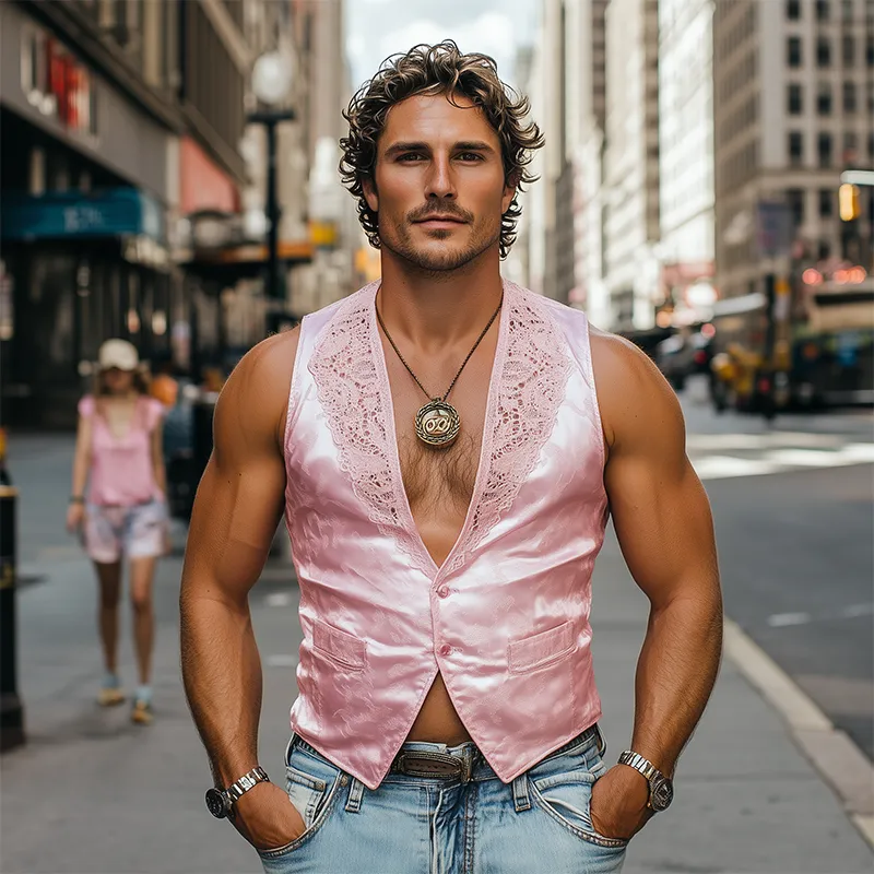 Men's Spring Fashion Retro Lace Splicing Jacquard Satin Slim Vest MTA2589C6K sold by Manly product image thumbnail 3