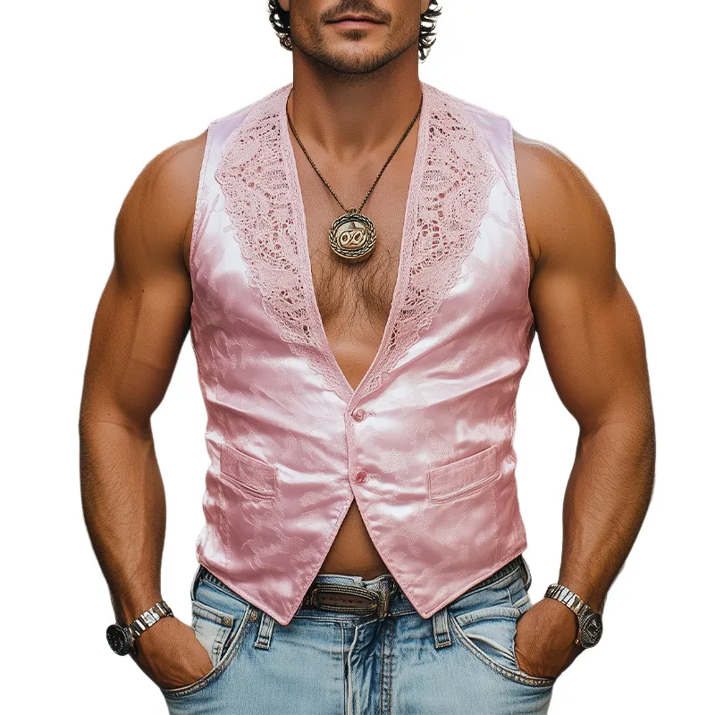 Men's Spring Fashion Retro Lace Splicing Jacquard Satin Slim Vest MTA2589C6K sold by Manly
