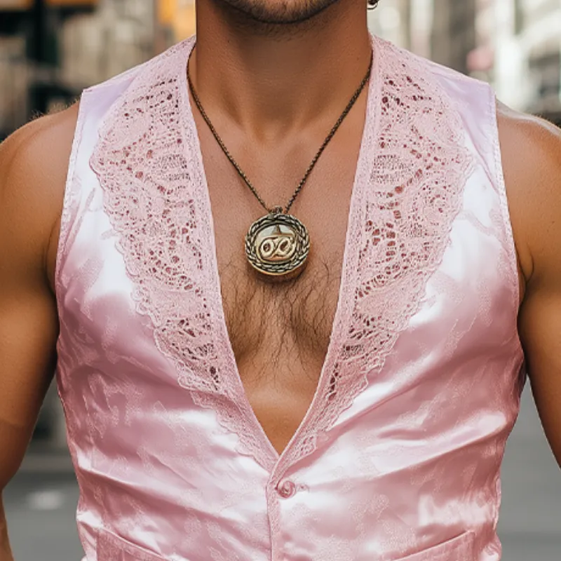 Men's Spring Fashion Retro Lace Splicing Jacquard Satin Slim Vest MTA2589C6K sold by Manly product image thumbnail 4