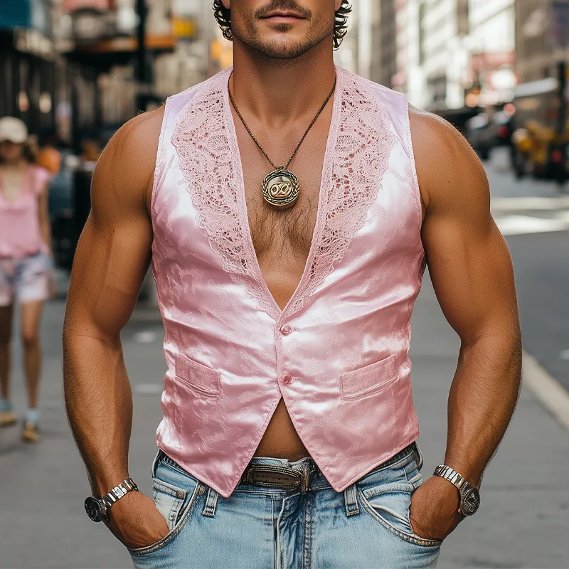Men's Spring Fashion Retro Lace Splicing Jacquard Satin Slim Vest MTA2589C6K sold by Manly product image thumbnail 2