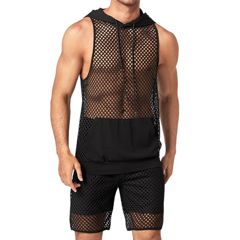 Men's Spring Fashion Casual Loose Mesh Hooded Tank Top Casual Shorts Set MTA1960C3K sold by Manly