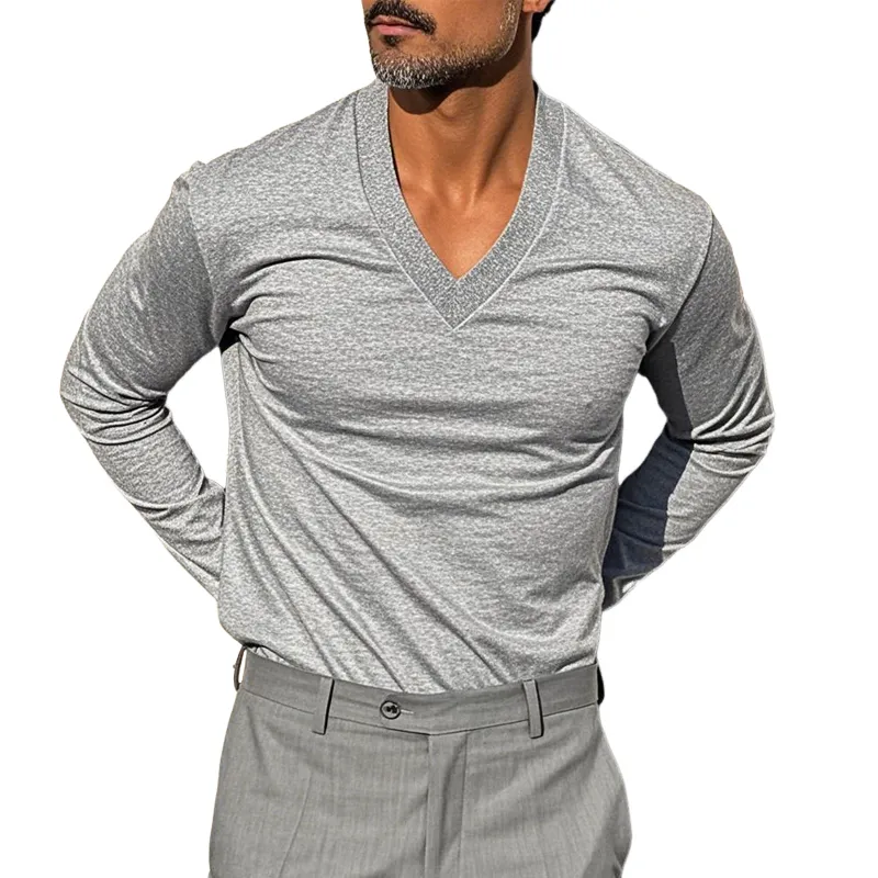 Men's Solid Color Blend V-Neck Long Sleeve T-Shirt MTA2785C7X sold by Manly