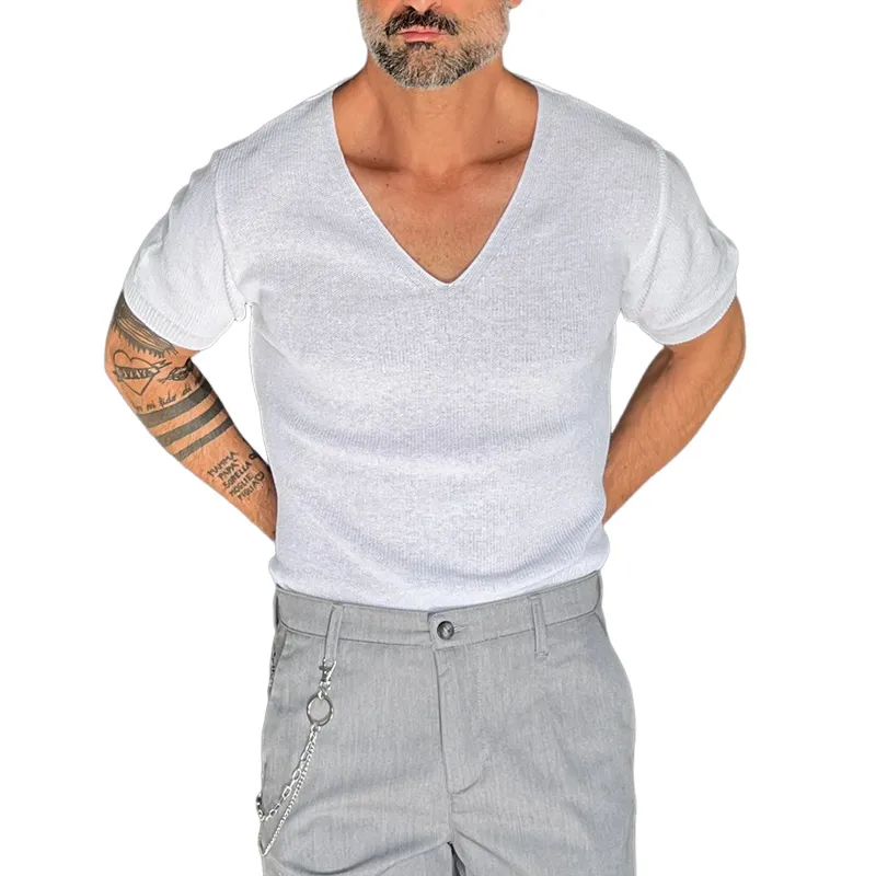 Men's Solid Color V-Neck Short Sleeve Knitted T-Shirt MTA2753C0X sold by Manly