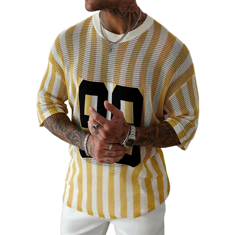 Men's Striped Monogram Jacquard Short-Sleeved Knitted T-Shirt MTA2807C5X sold by Manly