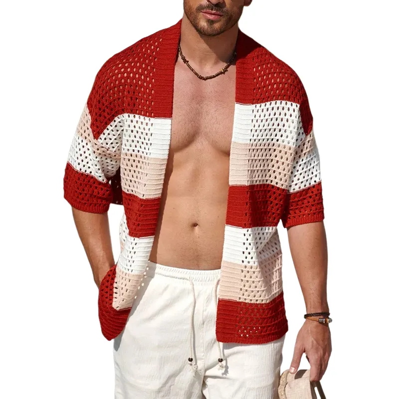 Men's Striped Short Sleeve Knit Cardigan MTA2841C3X sold by Manly