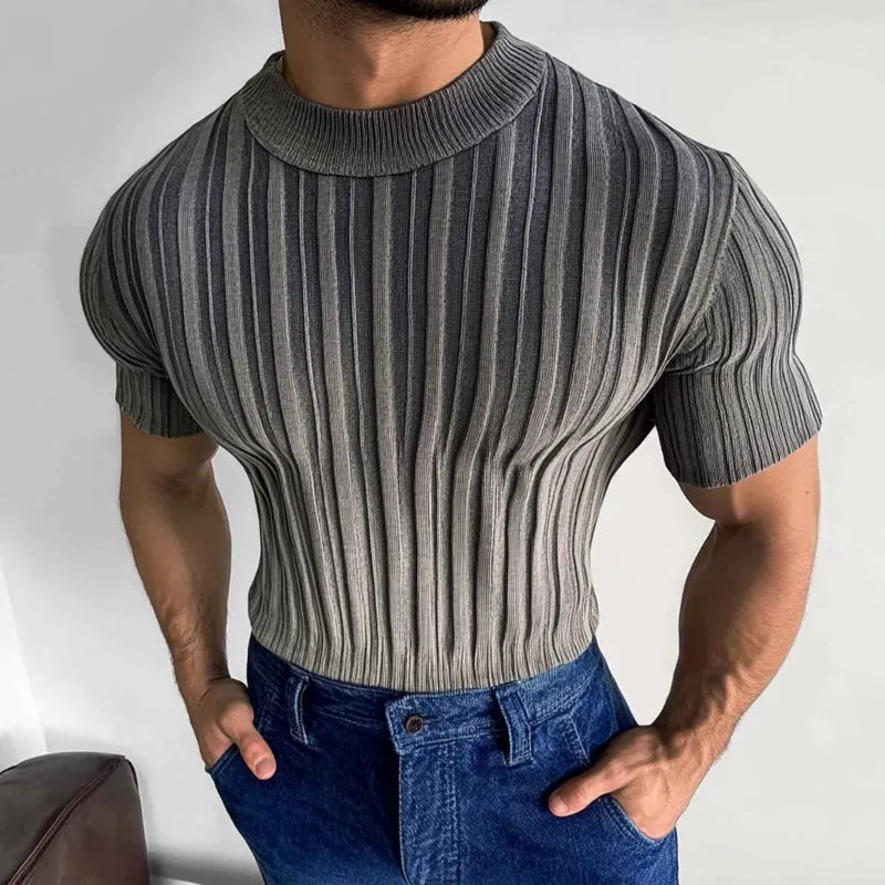 Men's Casual Striped Round Neck Short Sleeve Knitted T-Shirt MTA2748C3X sold by Manly product image thumbnail 2