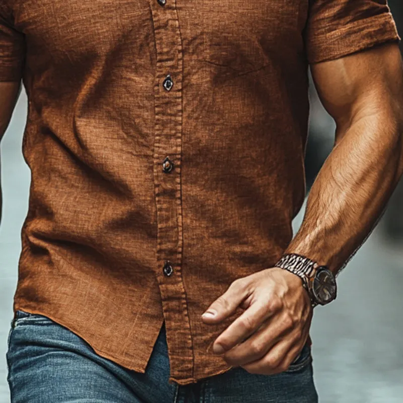 Men's Casual Cotton and Linen Lapel Short Sleeve Shirt MTA2757C9X sold by Manly product image thumbnail 3