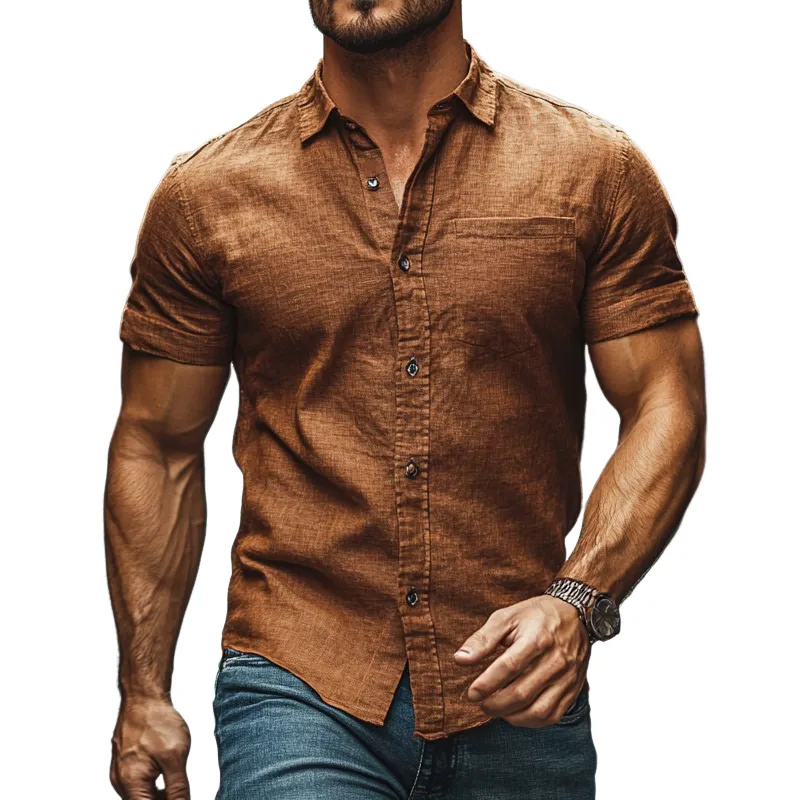 Men's Casual Cotton and Linen Lapel Short Sleeve Shirt MTA2757C9X sold by Manly