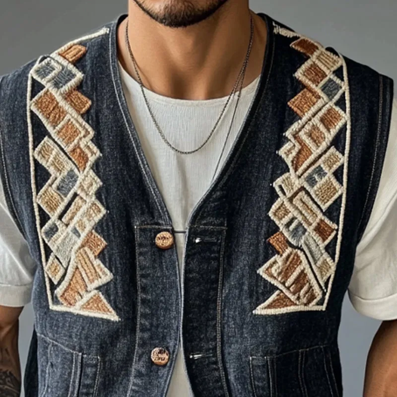Men's Geometric Embroidered Denim Vest MTA2783C2X sold by Manly product image thumbnail 3