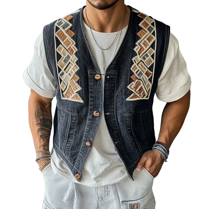 Men's Geometric Embroidered Denim Vest MTA2783C2X sold by Manly