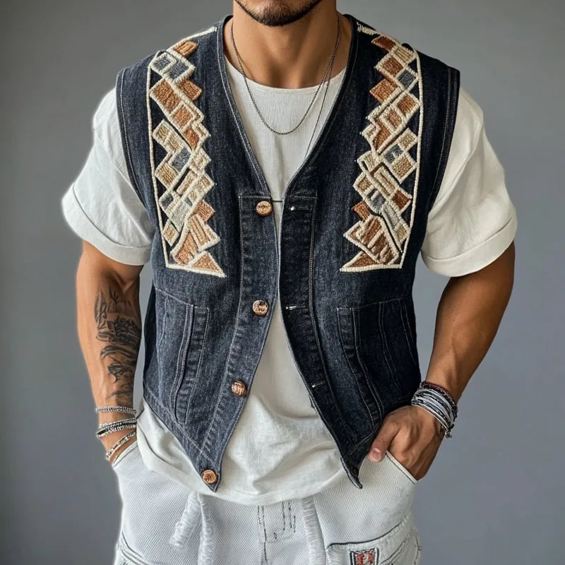 Men's Geometric Embroidered Denim Vest MTA2783C2X sold by Manly product image thumbnail 2