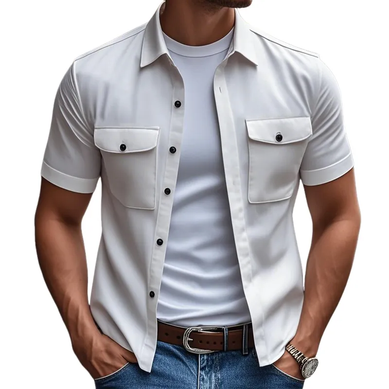 Men's Casual Comfort Cotton Lapel Chest Pocket Loose Short Sleeve Shirt MTA2738C2M sold by Manly