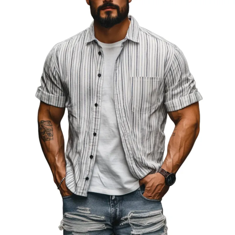 Men's Casual Cotton Linen Striped Lapel Single Breasted Loose Short Sleeve Shirt MTA2759C3M sold by Manly
