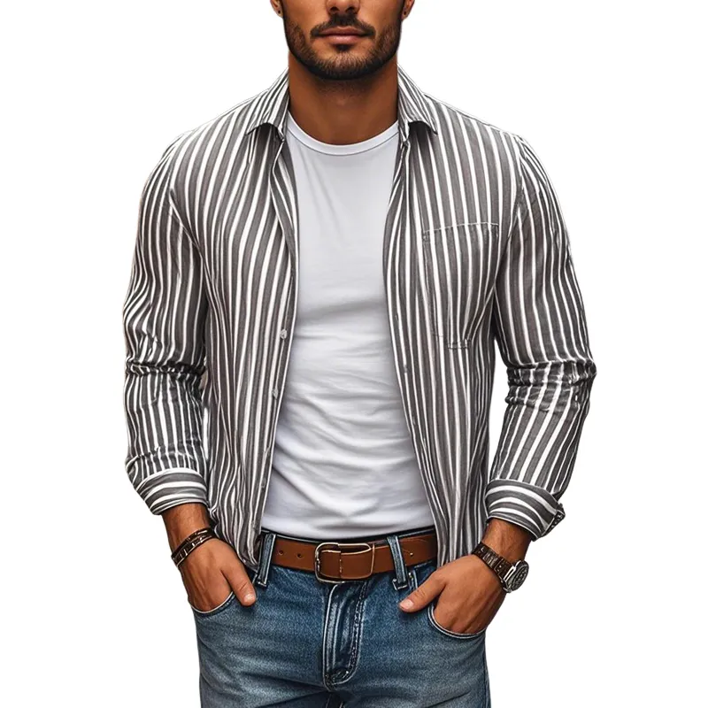 Men's Casual Comfort Cotton Linen Striped Lapel Chest Pocket Loose Long Sleeve Shirt MTA2798C4M sold by Manly