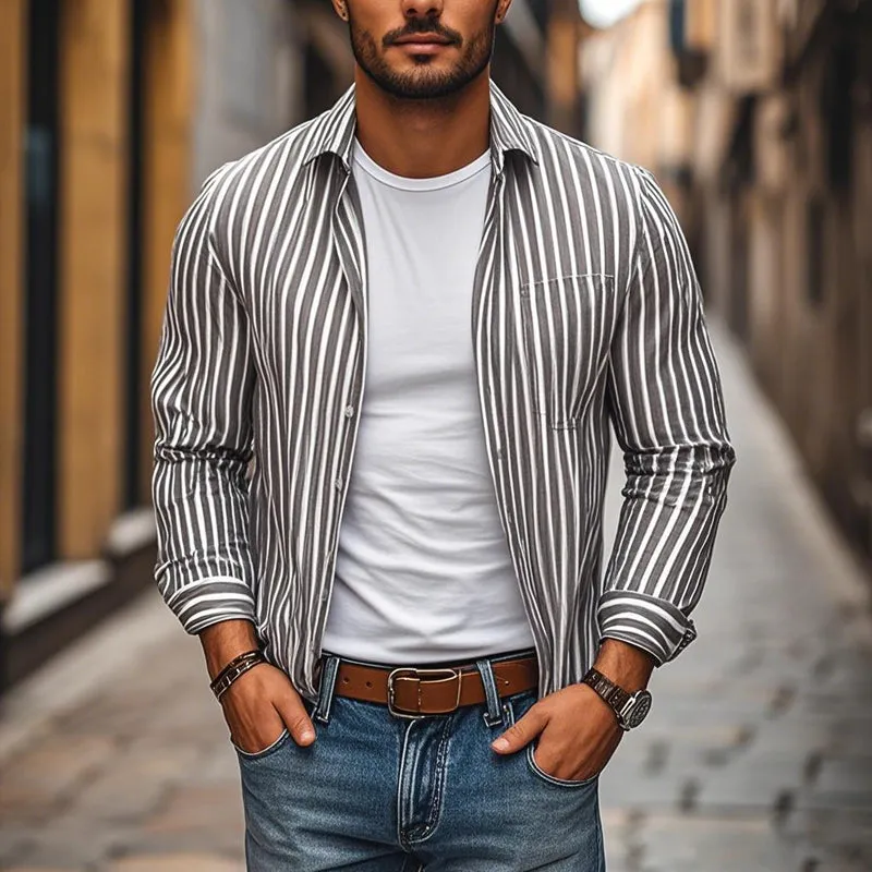 Men's Casual Comfort Cotton Linen Striped Lapel Chest Pocket Loose Long Sleeve Shirt MTA2798C4M sold by Manly product image thumbnail 2