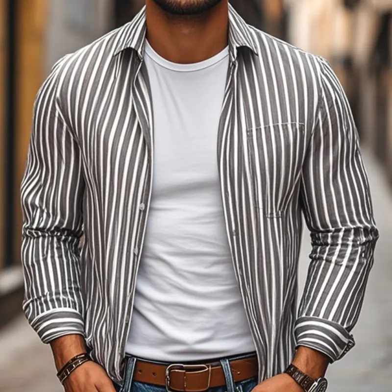 Men's Casual Comfort Cotton Linen Striped Lapel Chest Pocket Loose Long Sleeve Shirt MTA2798C4M sold by Manly product image thumbnail 3