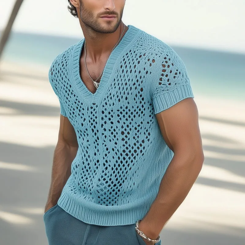 【24-hour shipping out】Men's Summer Fashion V-neck Knitted Mesh Breathable T-shirt MTA0240D7U sold by Manly product image thumbnail 2