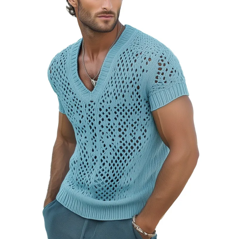 【24-hour shipping out】Men's Summer Fashion V-neck Knitted Mesh Breathable T-shirt MTA0240D7U sold by Manly