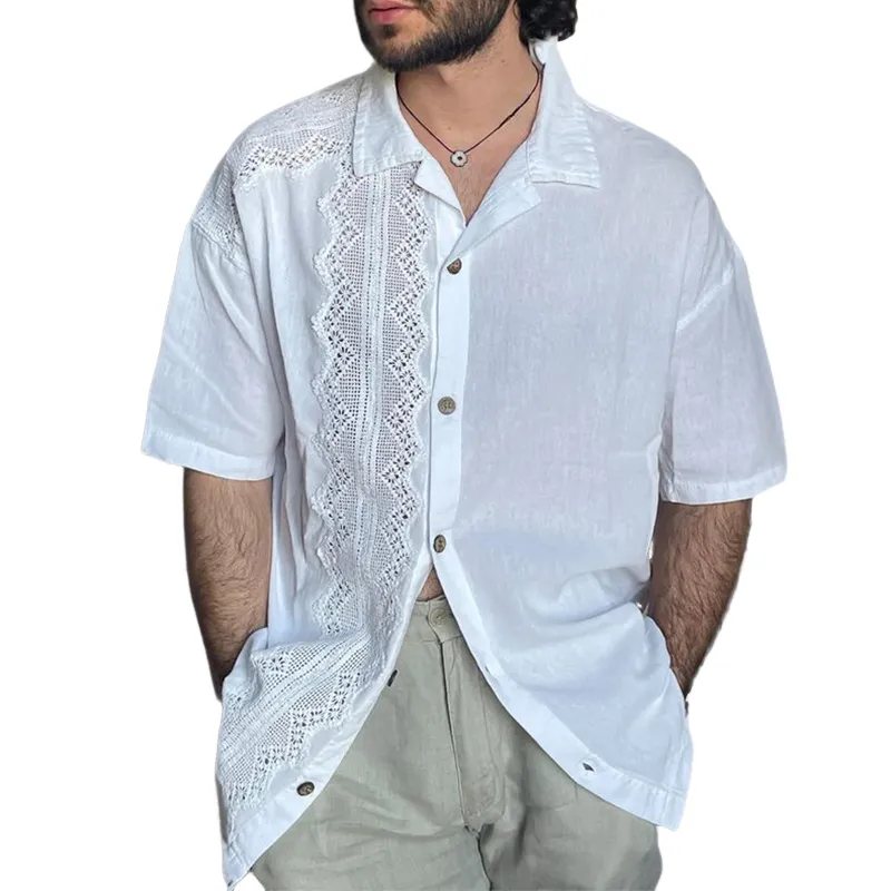 Men's Solid Color Lace Spliced Lapel Long Sleeve Shirt MTA0390D9X sold by Manly