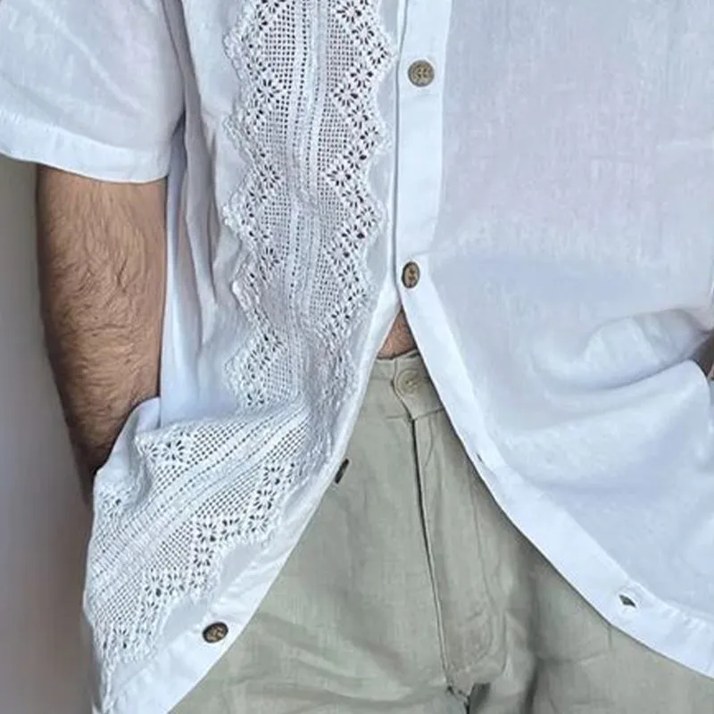 Men's Solid Color Lace Spliced Lapel Long Sleeve Shirt MTA0390D9X sold by Manly product image thumbnail 3