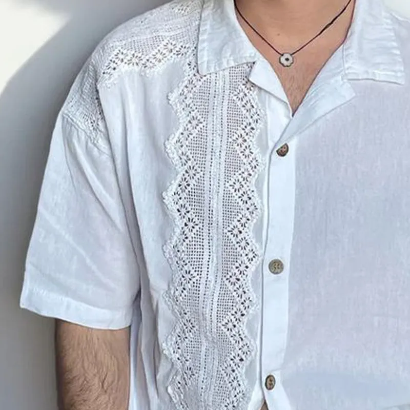 Men's Solid Color Lace Spliced Lapel Long Sleeve Shirt MTA0390D9X sold by Manly product image thumbnail 2