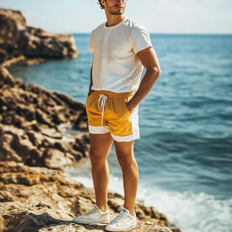 Men's Spring Fashion Casual Contrast Color Stitching Elastic Waist Suede Beach Shorts MTA0352D4K sold by Manly product image thumbnail 3