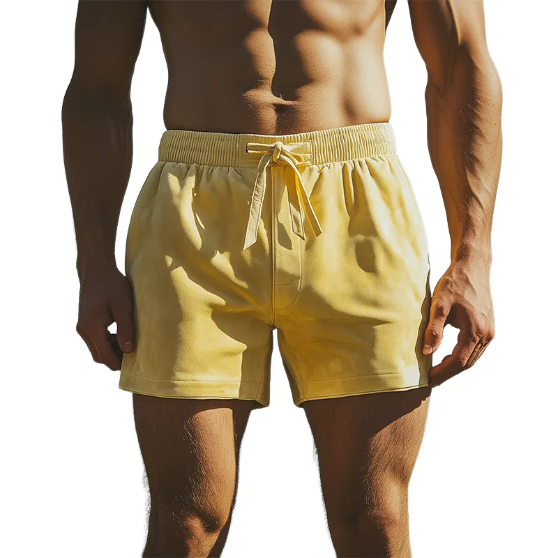 Men's Spring and Summer Fashion Casual Solid Color Elastic Waist Suede Beach Shorts MTA0391D4K sold by Manly