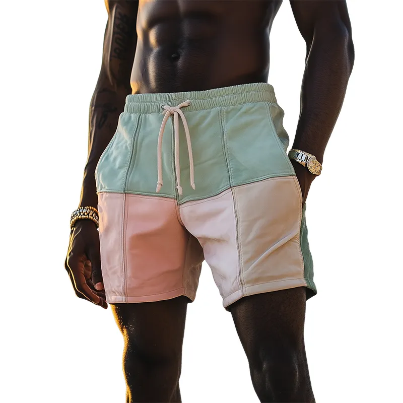 Men's Spring and Summer Fashion Casual Contrast Color Stitching Elastic Waist Suede Beach Shorts MTA0332D7K sold by Manly