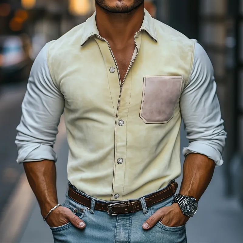 Men's Spring Fashion Casual Slim Suede Splicing Long Sleeve Shirt MTA0317D7K sold by Manly product image thumbnail 2