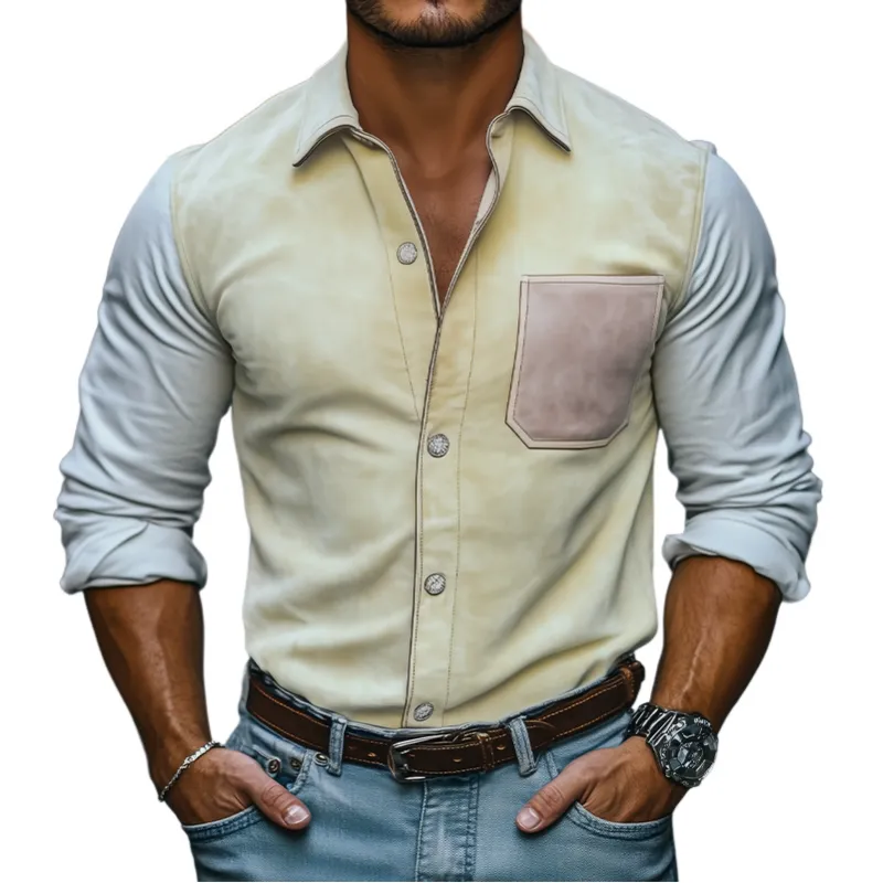Men's Spring Fashion Casual Slim Suede Splicing Long Sleeve Shirt MTA0317D7K sold by Manly