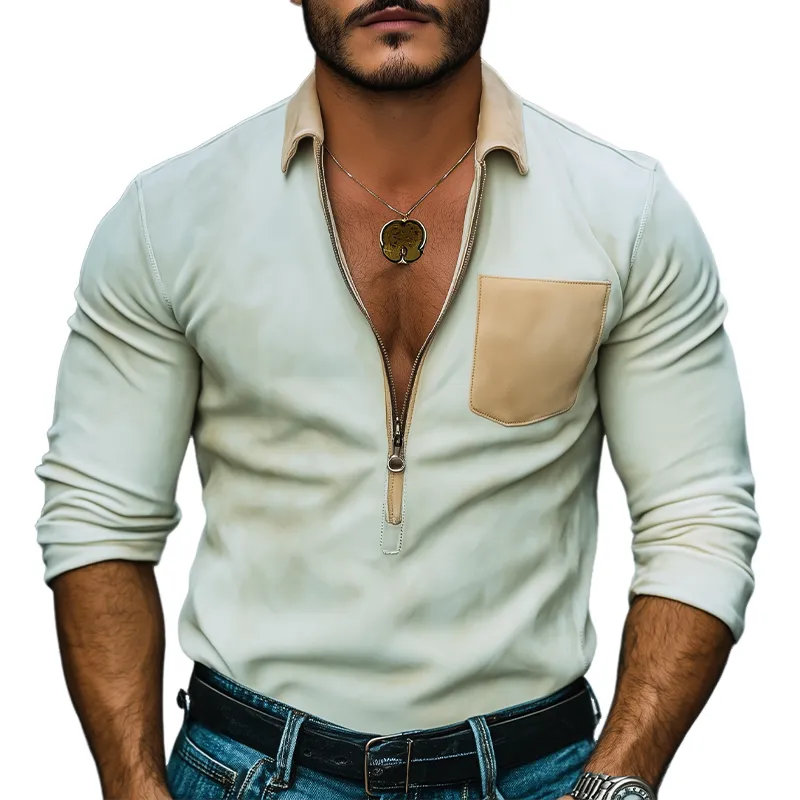 Men's Spring Fashion Casual Deep V Neck Zipper Suede Long Sleeve Shirt MTA0382D7K sold by Manly